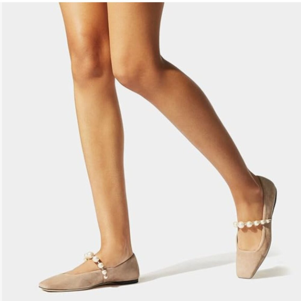 FOWT Nude Square Toe Slip on Flats Pearl Studded Strap Elegant Pump Wedding Shoe